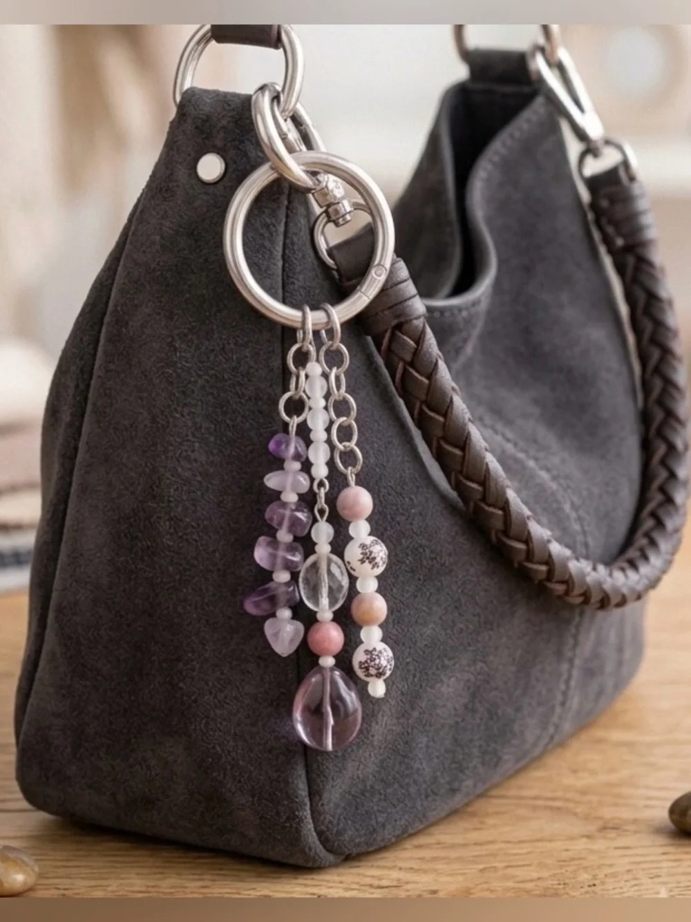 Amethyst & Silver Tone Hand Crafted Bag Charm Keychain with real gemstones